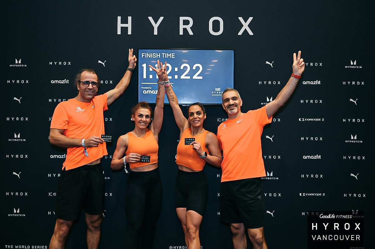 Fit4Life HYROX race team at the finish wall